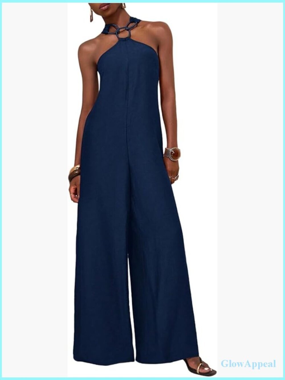 Women's Sleeveless Halter Wide Leg Jumpsuit with Tie Back, Summer Wedding Guest
